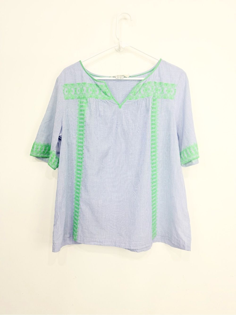 Boden Blue Pinstripe Green Embroidered Short Sleeve Cotton Boho Peasant Blouse
